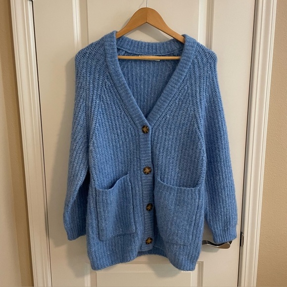 Zara Cardigan Sweater Chunky Grandpa Alpaca Blend Blue Heather Size Medium - Picture 3 of 10